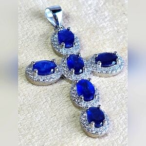 925 Sterling Silver Pendant Cross 2.5x3.5cm with Natural Sapphire & Cz